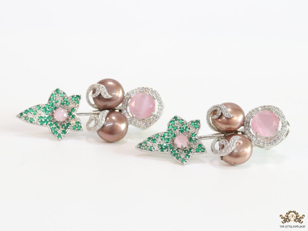 Cz flower earrings with bronze pearls and baby pink stones