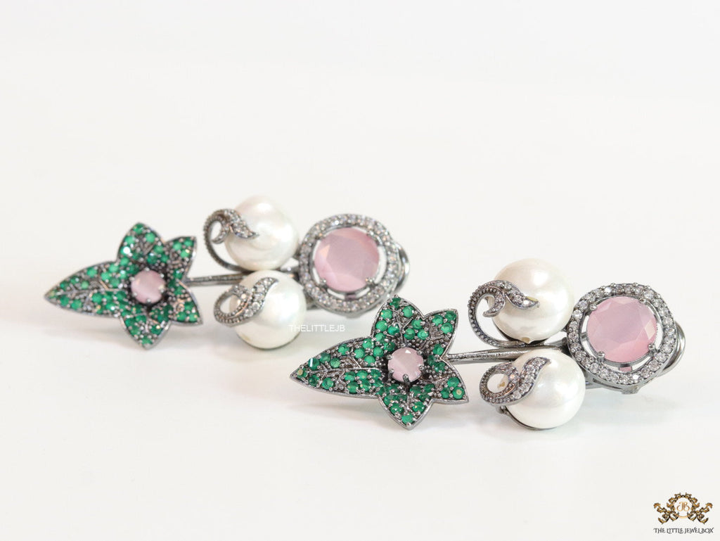 Cz flower earrings with shell pearls and baby pink stones