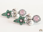 Cz flower earrings with shell pearls and baby pink stones