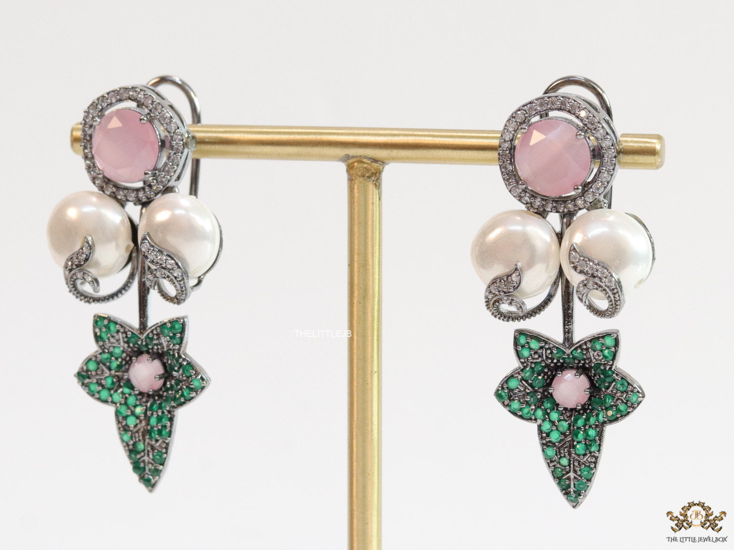 Cz flower earrings with shell pearls and baby pink stones