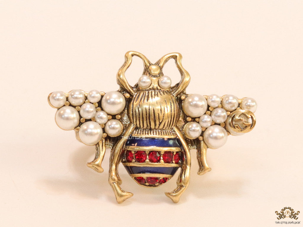 Double G open bee ring with coloured cz and pearls
