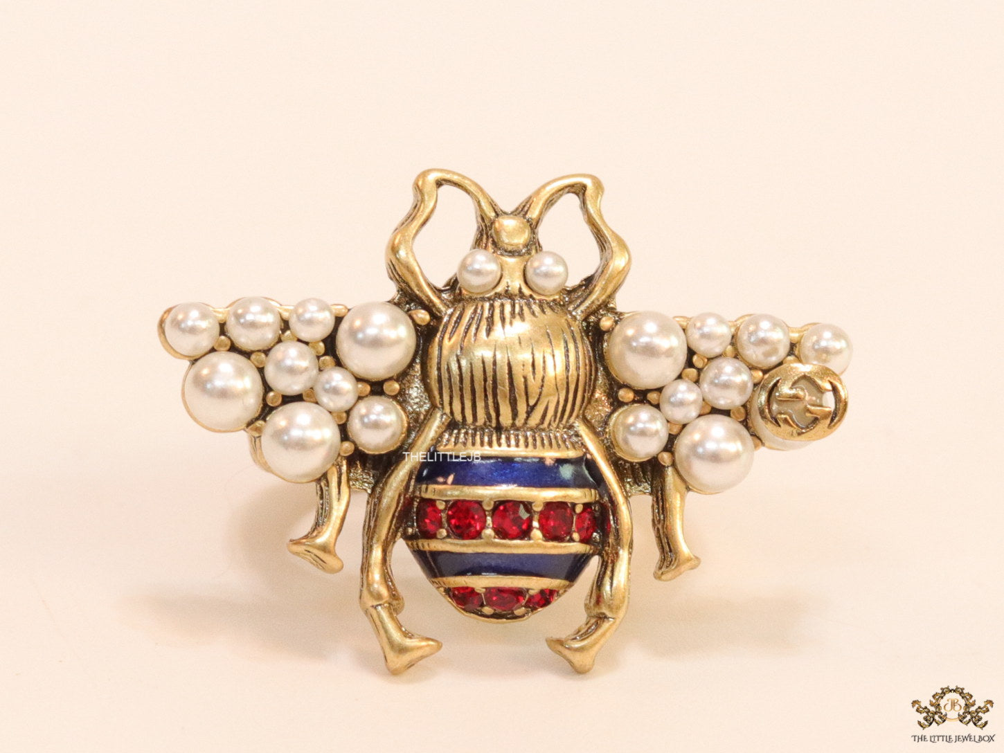 Double G open bee ring with coloured cz and pearls