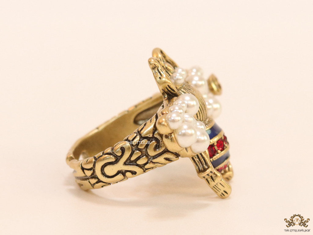 Double G open bee ring with coloured cz and pearls