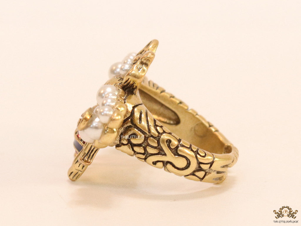 Double G open bee ring with coloured cz and pearls