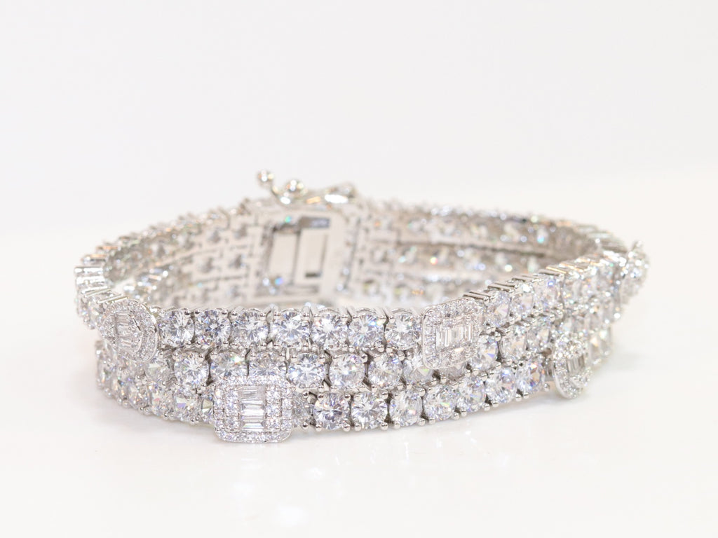 Triple Stacked multiple cut CZ bracelet in platinum finish