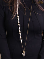 Rustic copper and pearl dragonfly and charms long chain