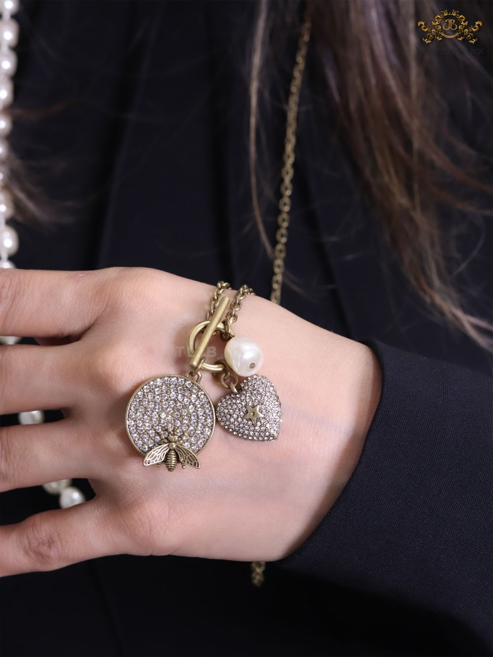 Rustic copper and pearl dragonfly and charms long chain