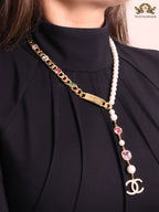 Half Gold and half Pearl Double C chain with mutlicolores stones and CZ