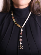 Half Gold and half Pearl Double C chain with mutlicolores stones and CZ