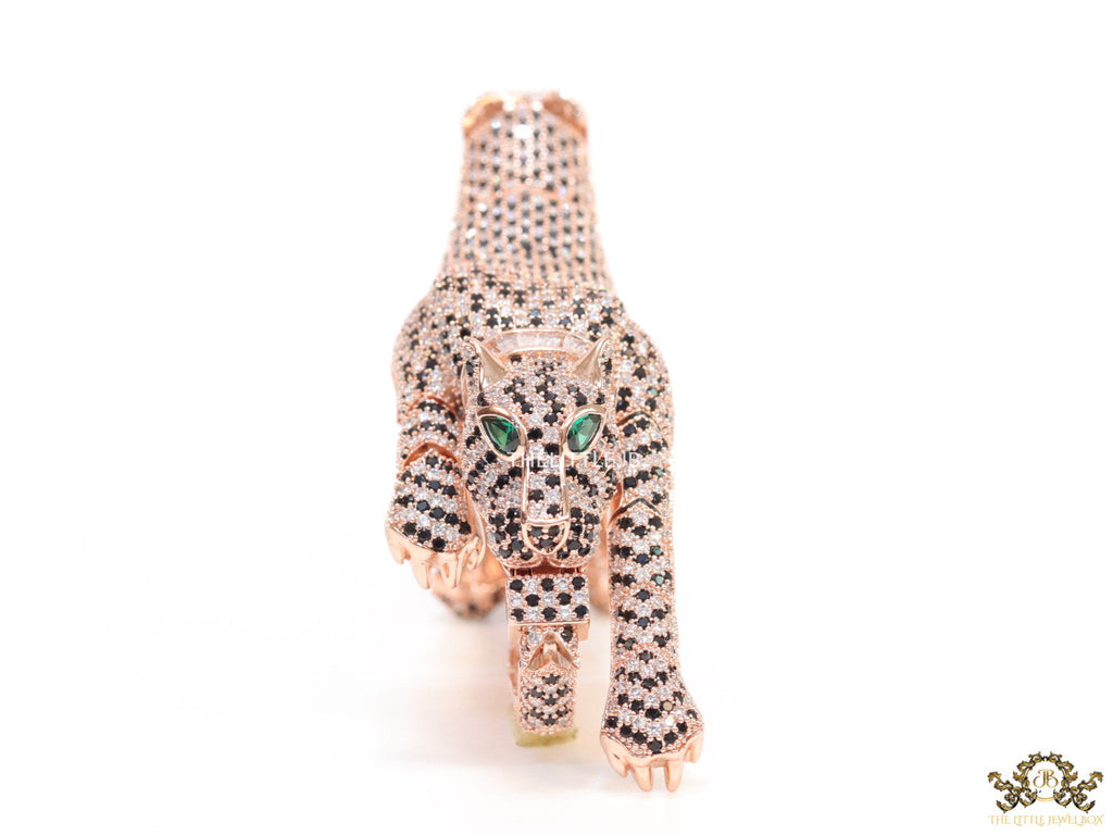 Cubic zirconia stone studded panther motif with emerald green colour stone details rose gold plated bracelet
