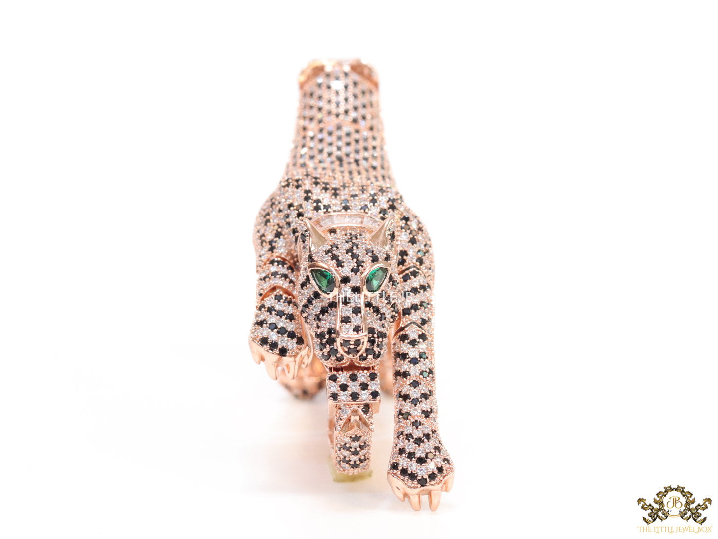 Cubic zirconia stone studded panther motif with emerald green colour stone details rose gold plated bracelet