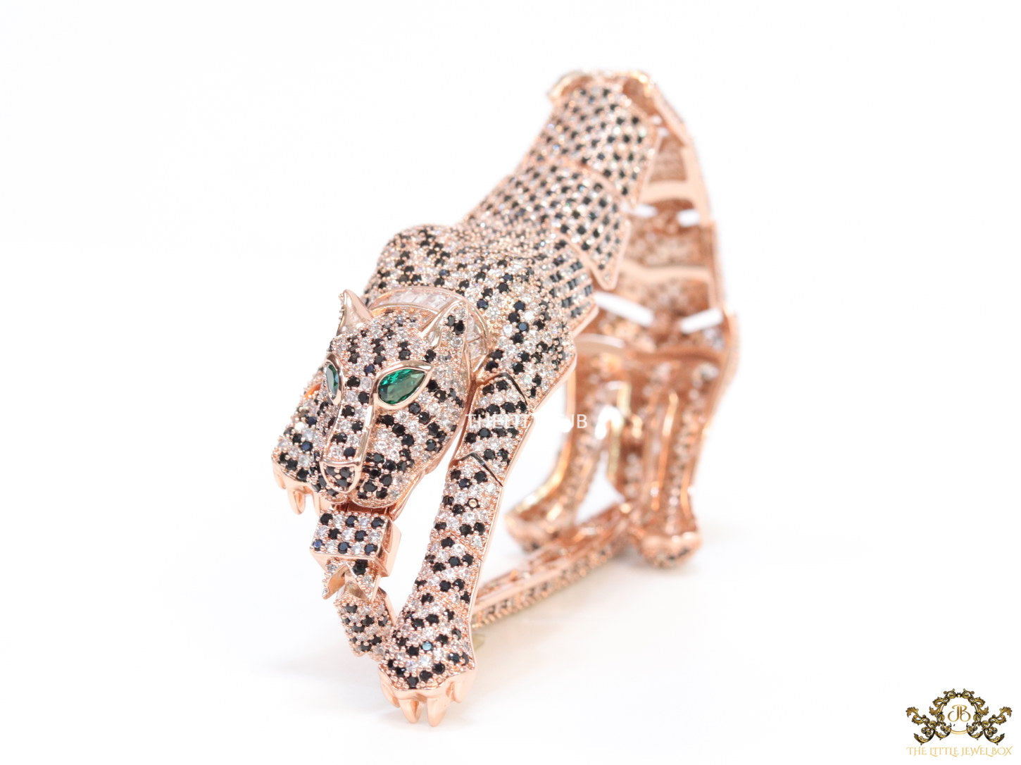 Cubic zirconia stone studded panther motif with emerald green colour stone details rose gold plated bracelet