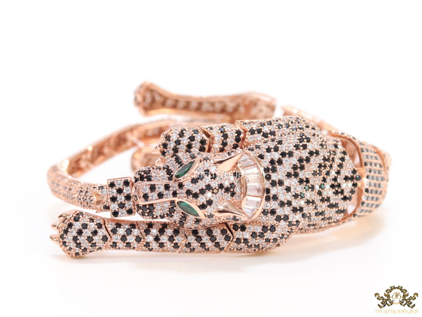 Cubic zirconia stone studded panther motif with emerald green colour stone details rose gold plated bracelet