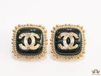 Square deep green and golden stud earrings with golden twin C motifs