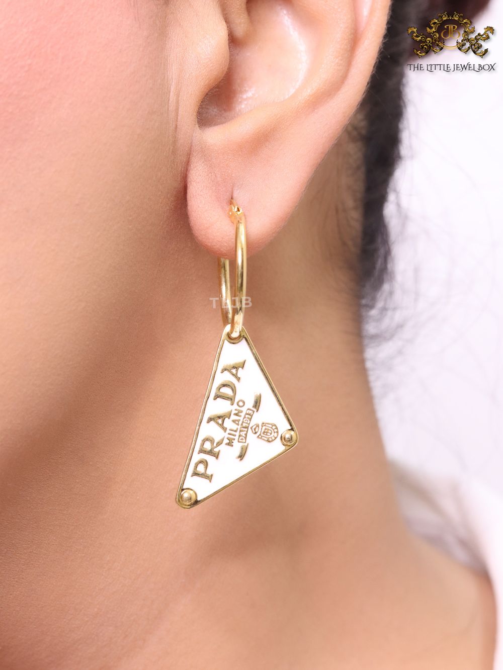 White enamel and gold hoop dangles