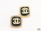 Square deep green and golden stud earrings with golden twin C motifs