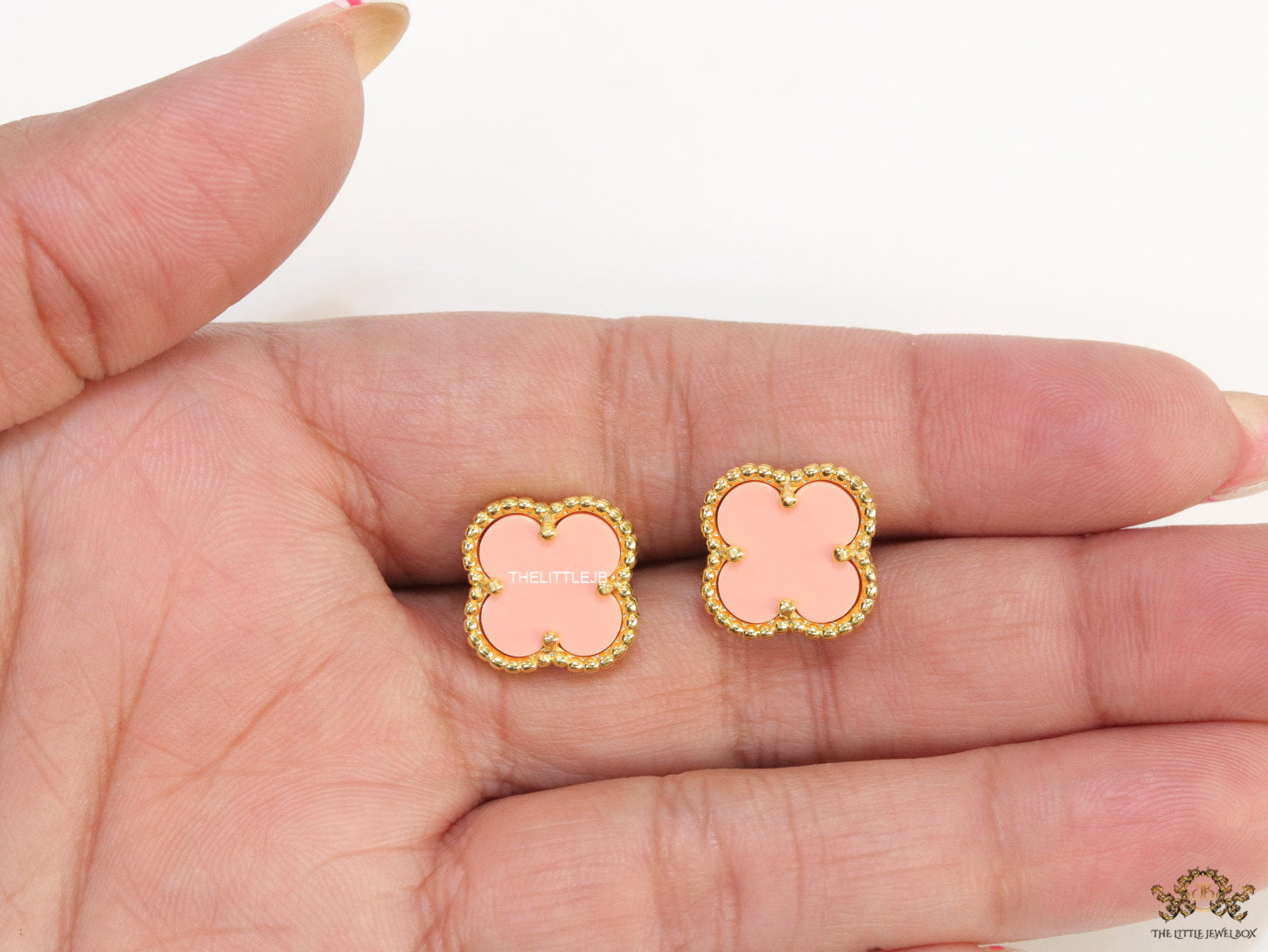 Gold plated pink clover stud earrings