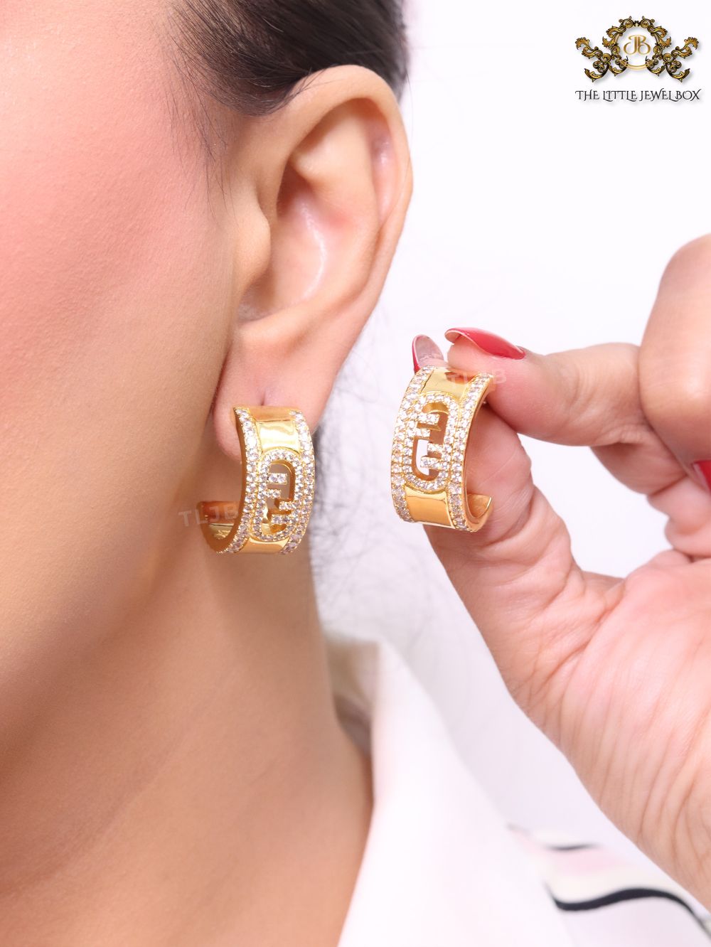 Double F cz on gold hoops
