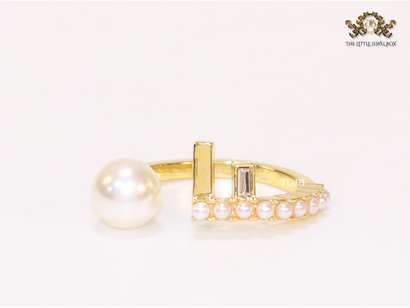 Pearl and alphabet F open ring