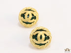 Twin C motif matt gold plated round studs on deep green base