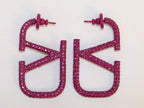 Alphabet V magenta rhinestones hoops