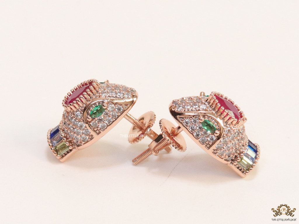 Rose gold plated snake head stud earrings with multi color cz