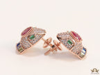 Rose gold plated snake head stud earrings with multi color cz