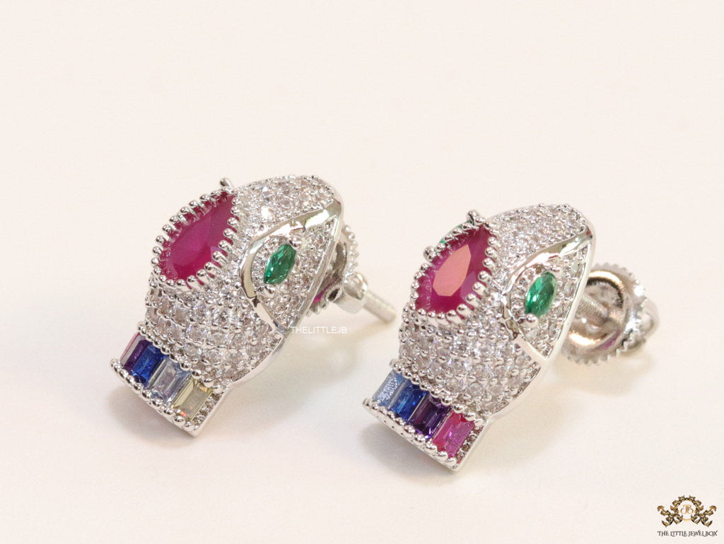 Platinum plated snake head stud earrings with multicolour cz