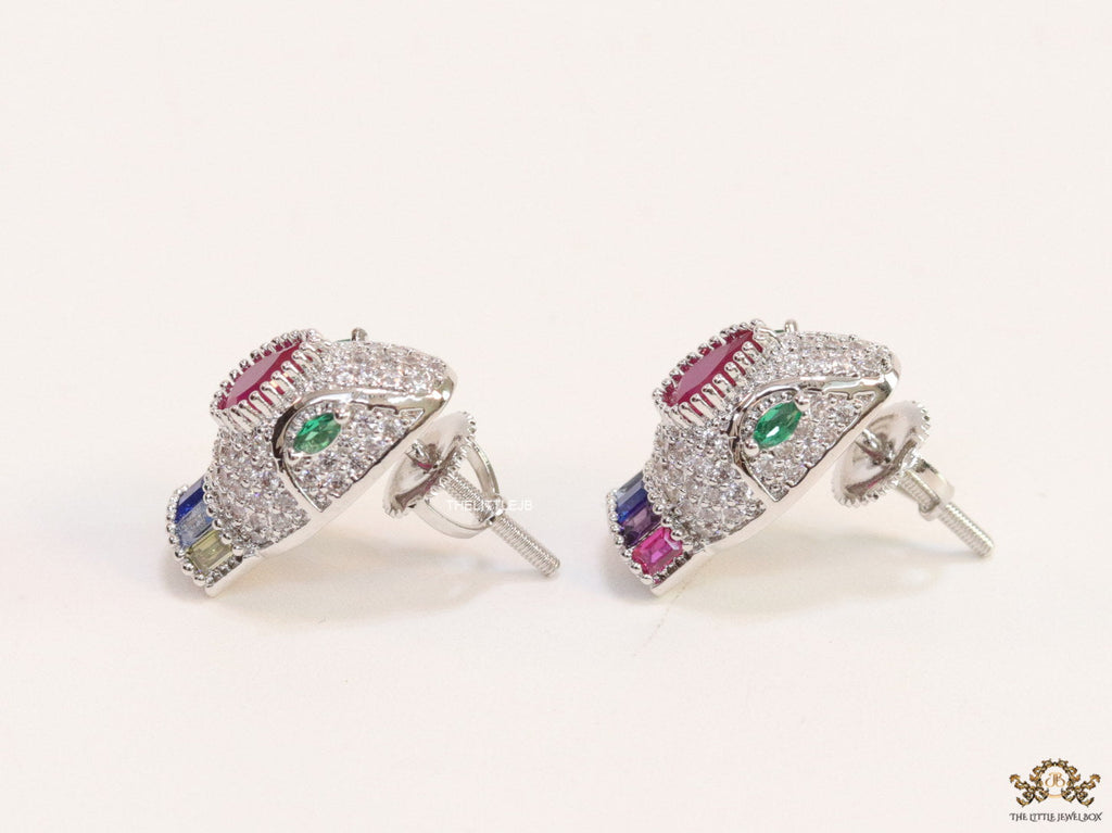 Platinum plated snake head stud earrings with multicolour cz