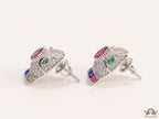 Platinum plated snake head stud earrings with multicolour cz
