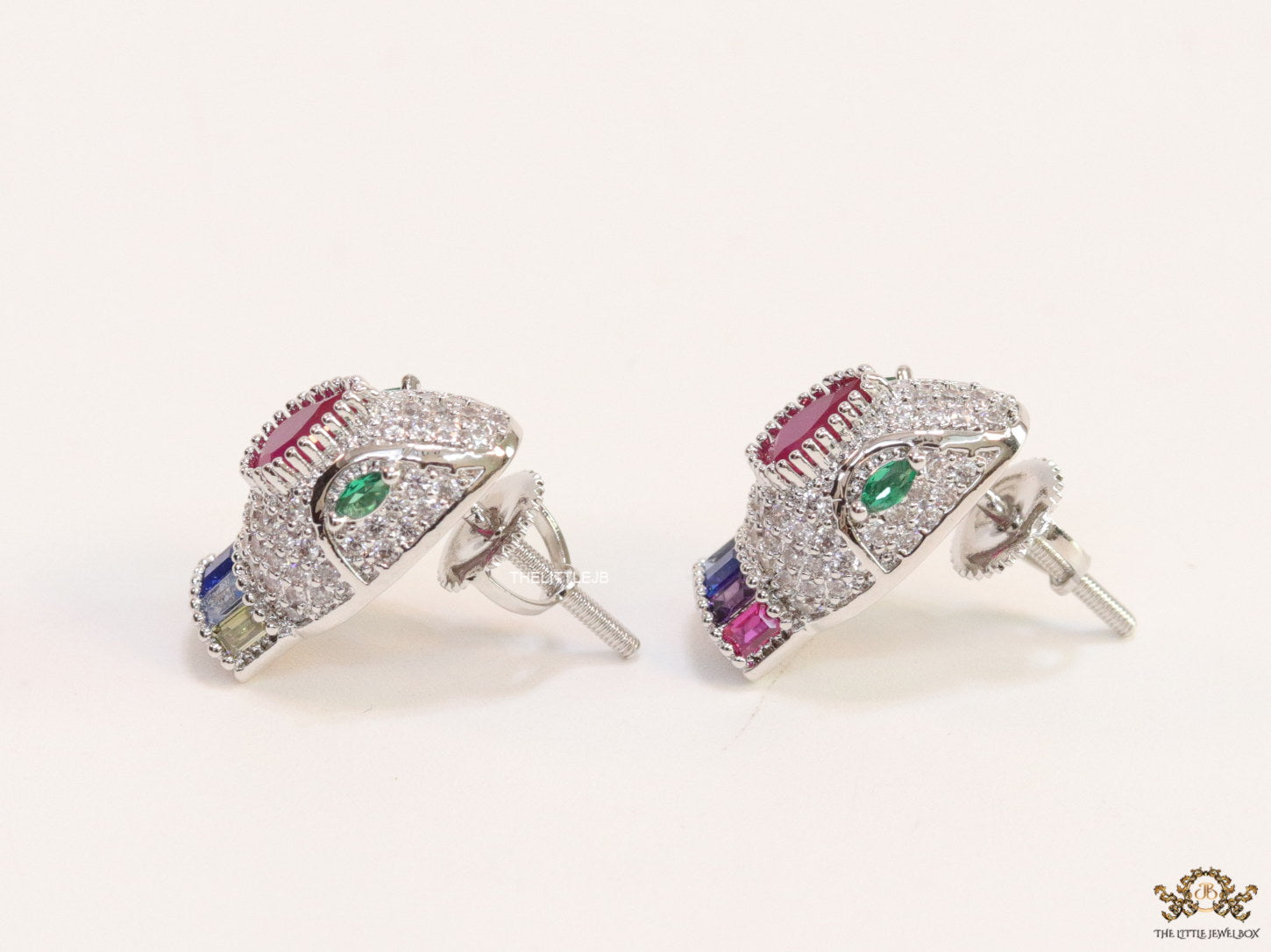 Platinum plated snake head stud earrings with multicolour cz