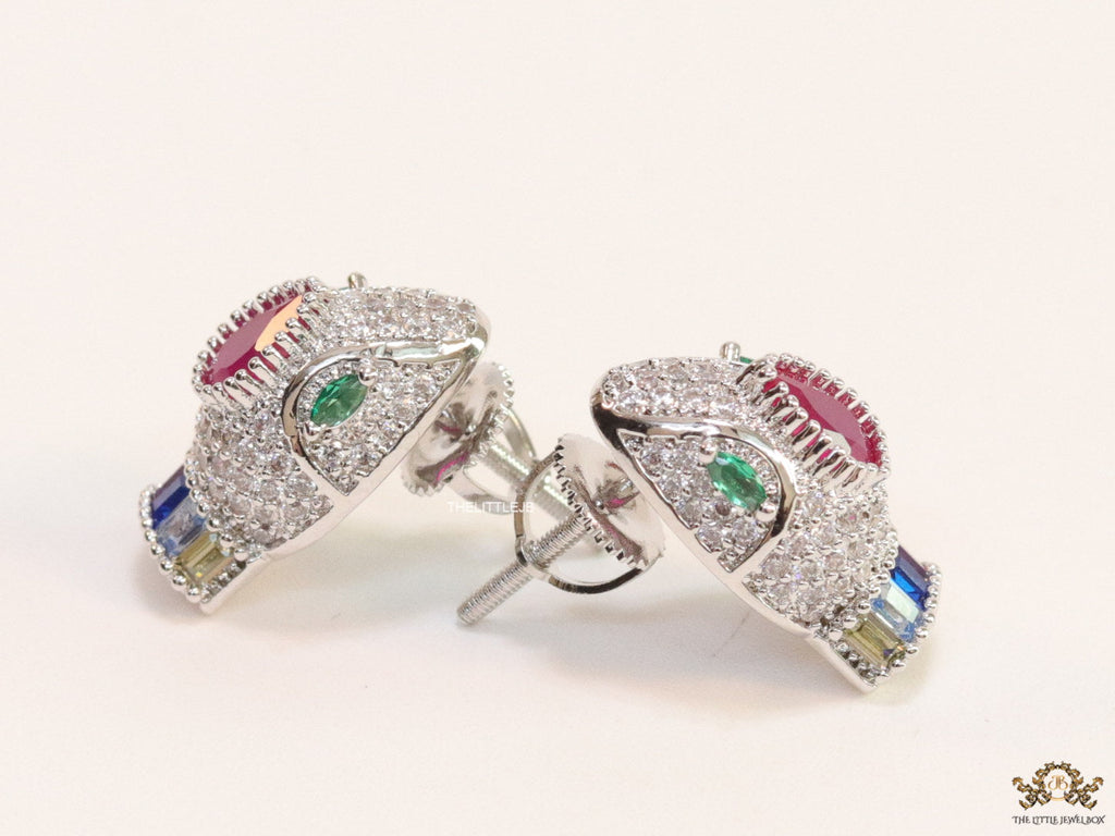 Platinum plated snake head stud earrings with multicolour cz