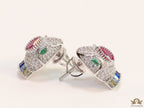Platinum plated snake head stud earrings with multicolour cz