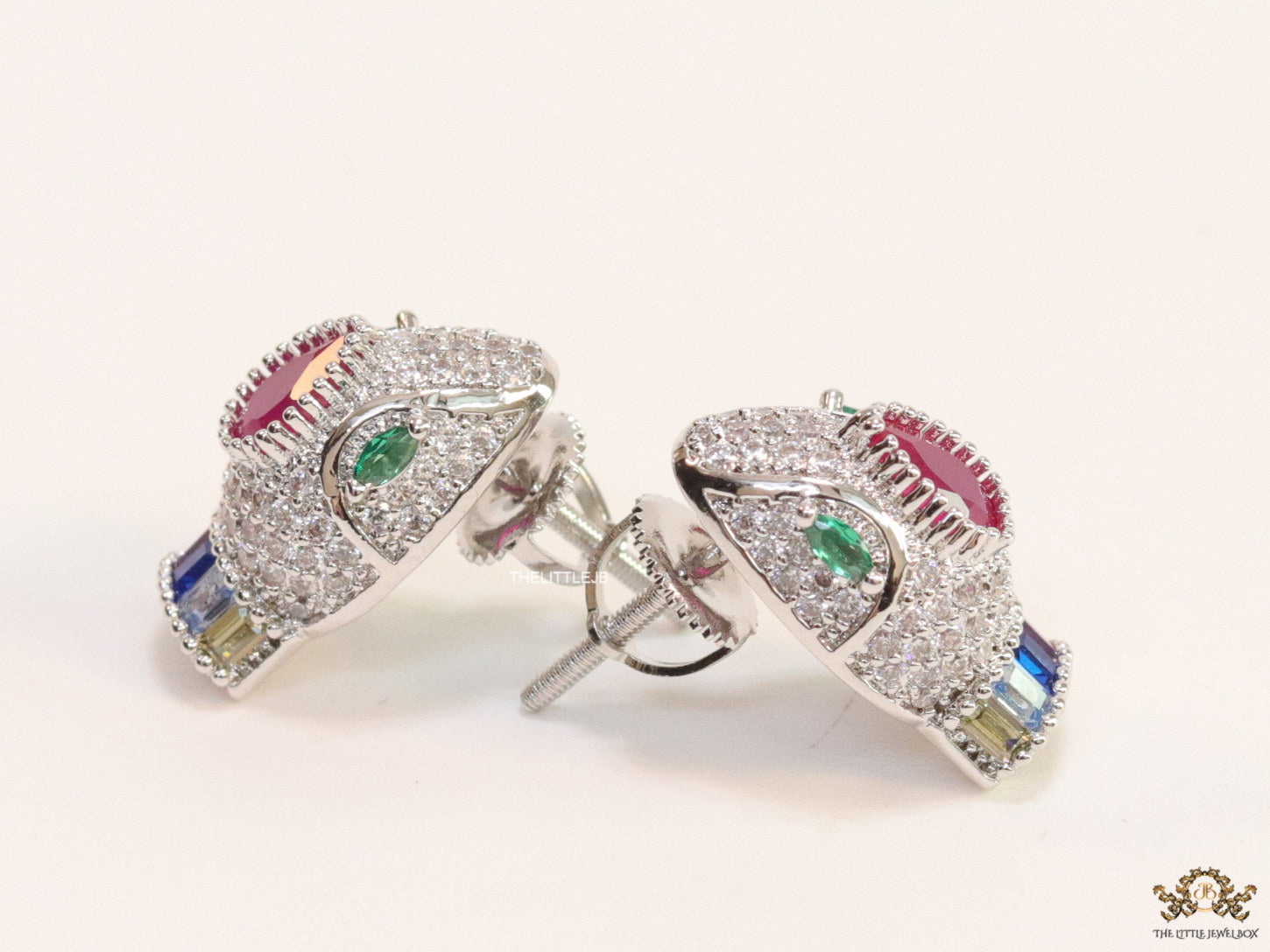 Platinum plated snake head stud earrings with multicolour cz