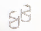Alphabet V silver rhinestones hoops