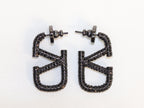Alphabet V black rhinestones hoops