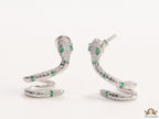 Platinum plated ear cuff pattern serpentine earrings with green cz