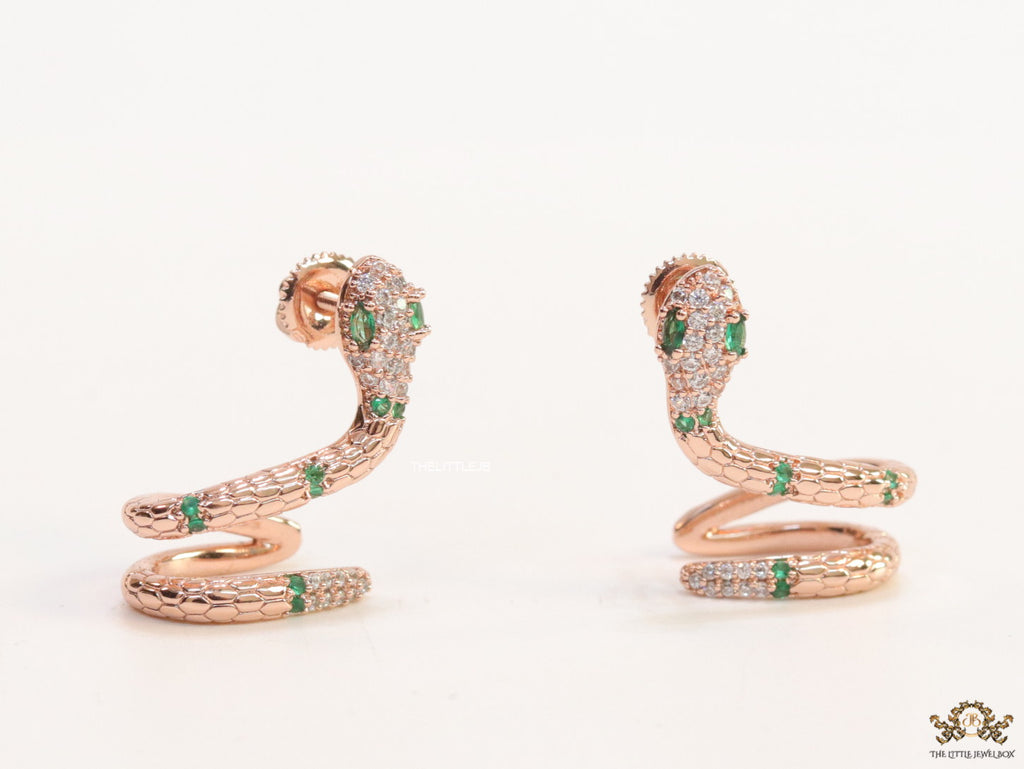 Rose gold plated ear cuff pattern serpentine earrings with green cz