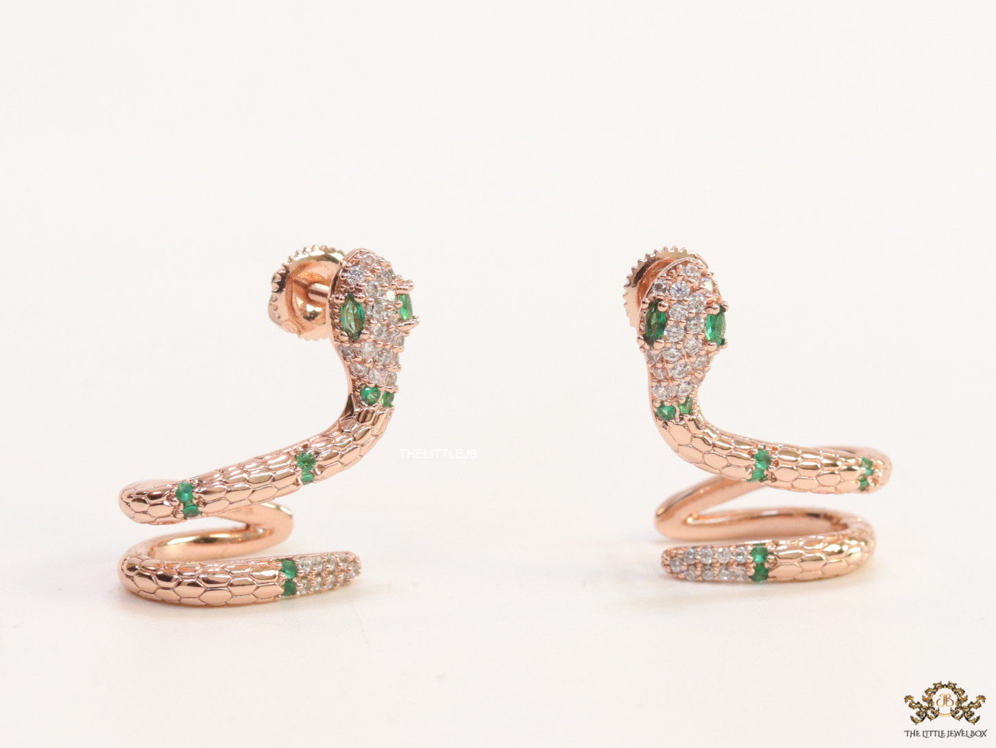 Rose gold plated ear cuff pattern snake earrings with green cz