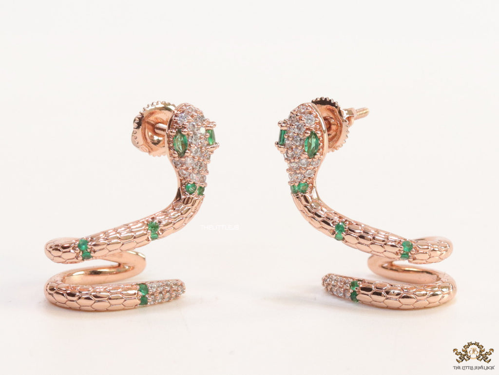 Rose gold plated ear cuff pattern serpentine earrings with green cz