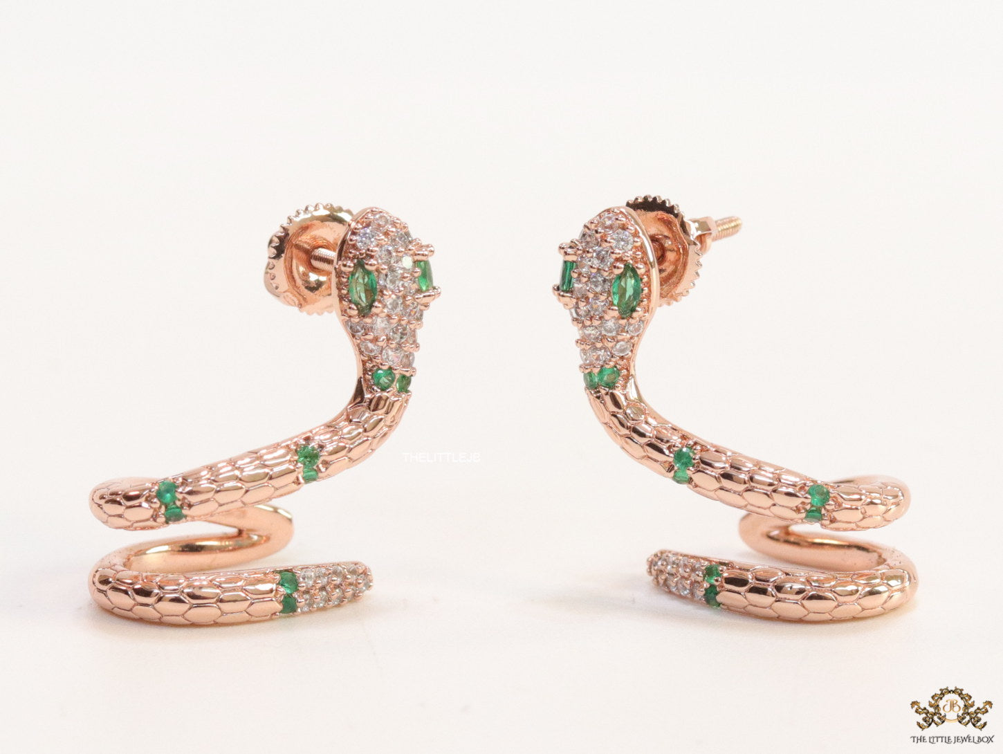 Rose gold plated ear cuff pattern snake earrings with green cz