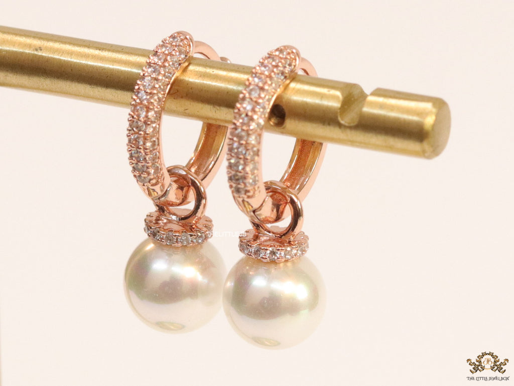 Rose gold plated cz hoops with pearl drop