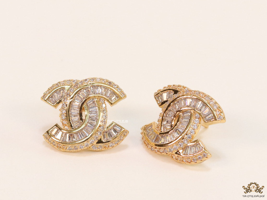 Gold plated twin C motif cz baguette studs