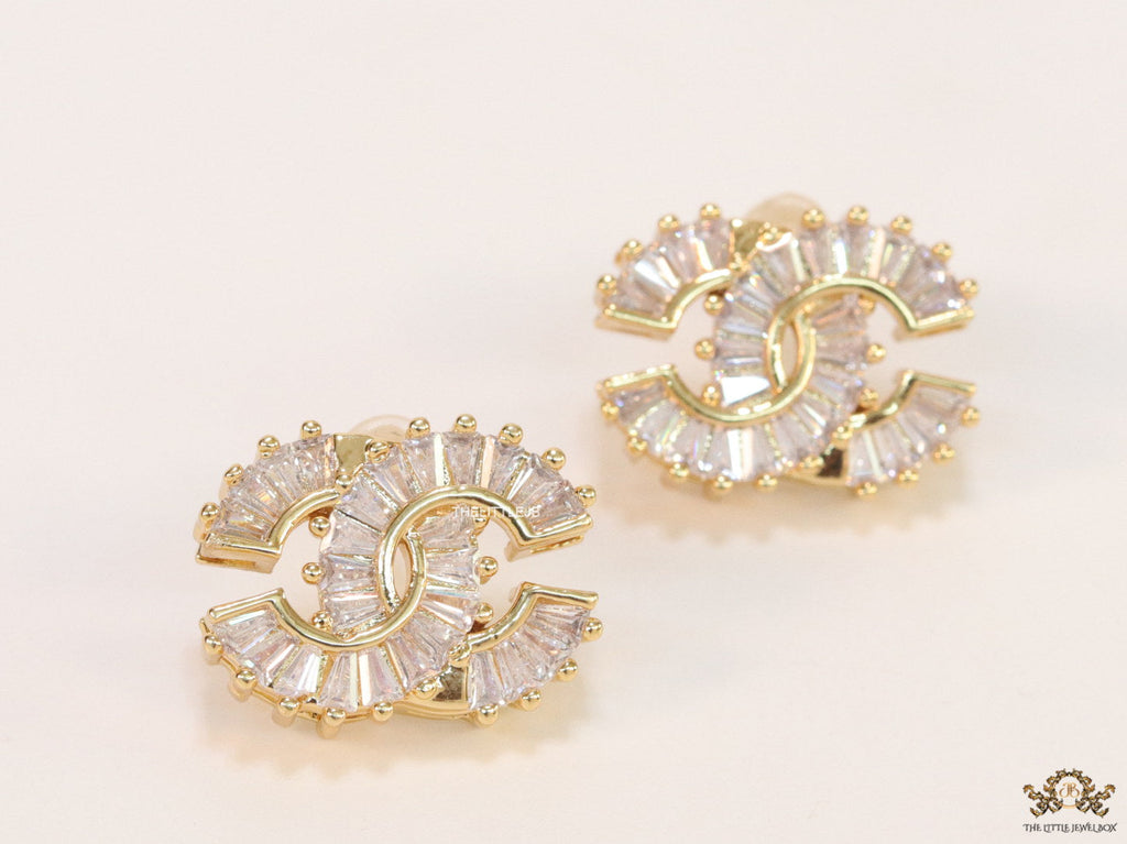 Gold plated twin C motif cz baguette studs