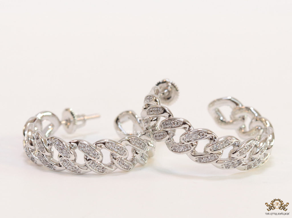 Platinum plated open cz hoops in link chain pattern