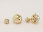 Double C beige pearl studs in gold finish