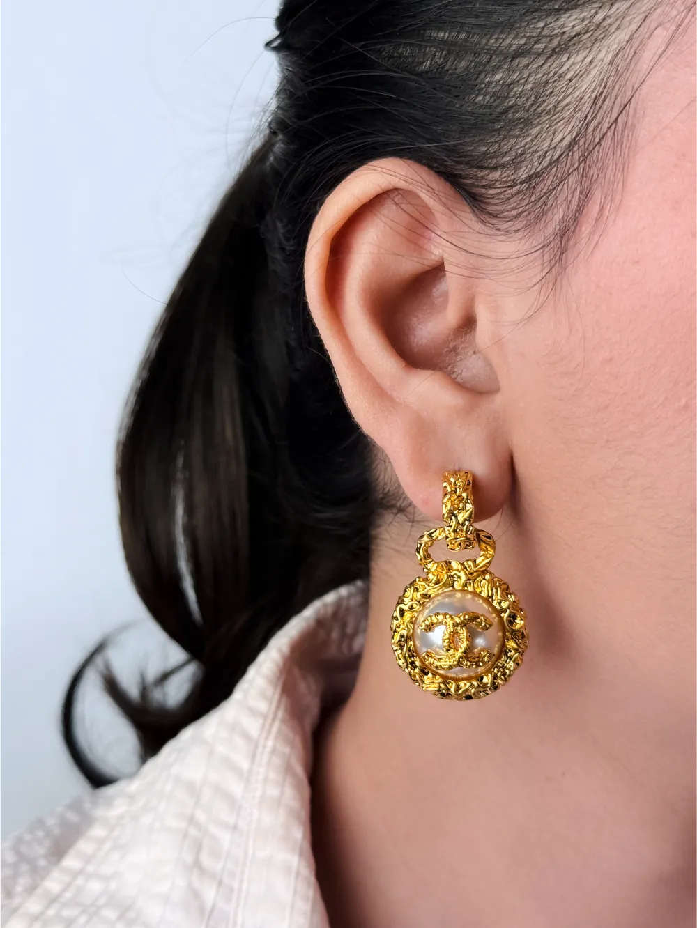 Gold Double C Vintage Pearl Medallion Earrings