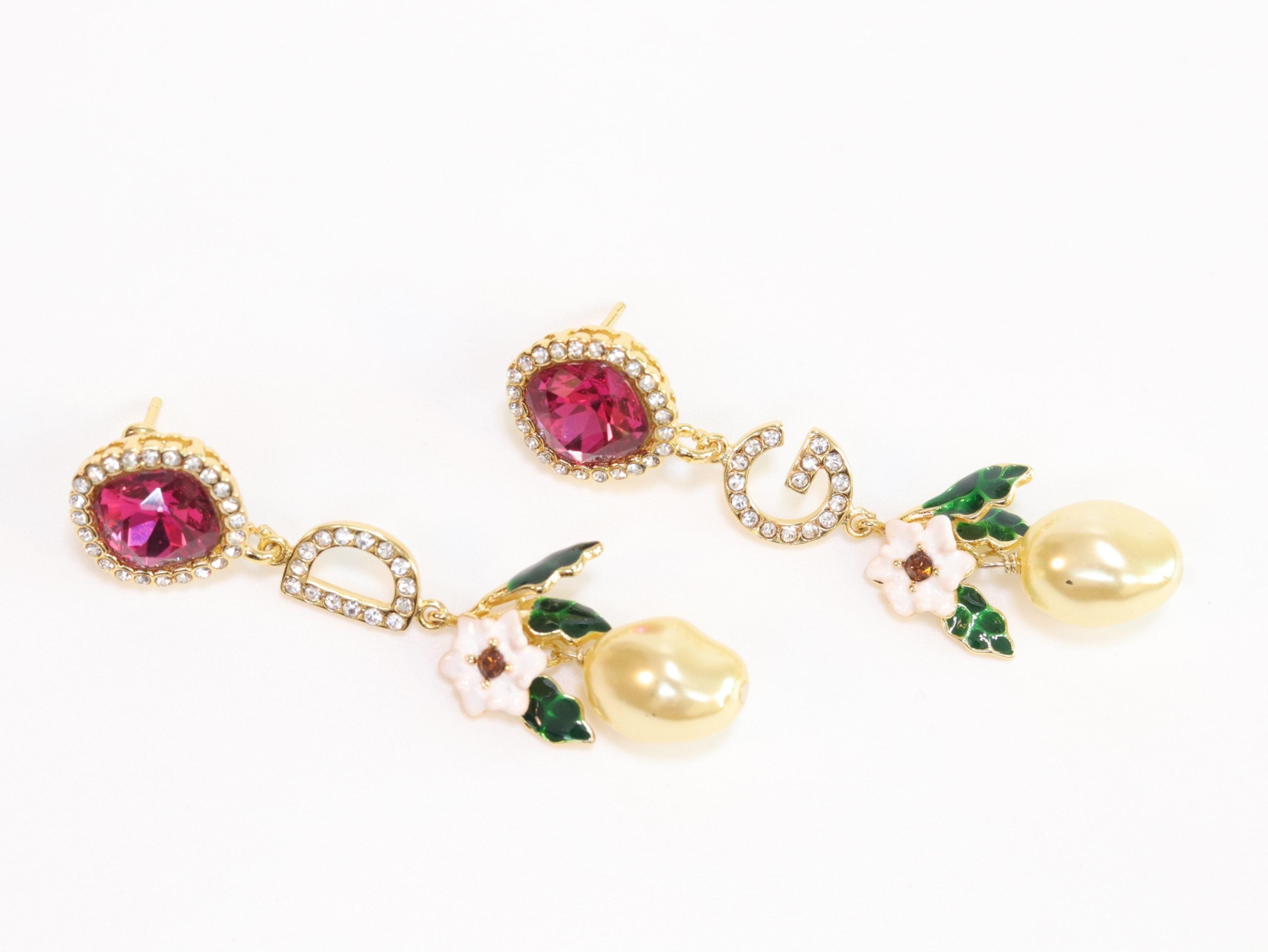 Alphabet D and G multicoloured long dangles in gold finish with cz