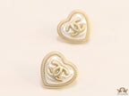 Heart shape twin C motif golden studs with pearl base