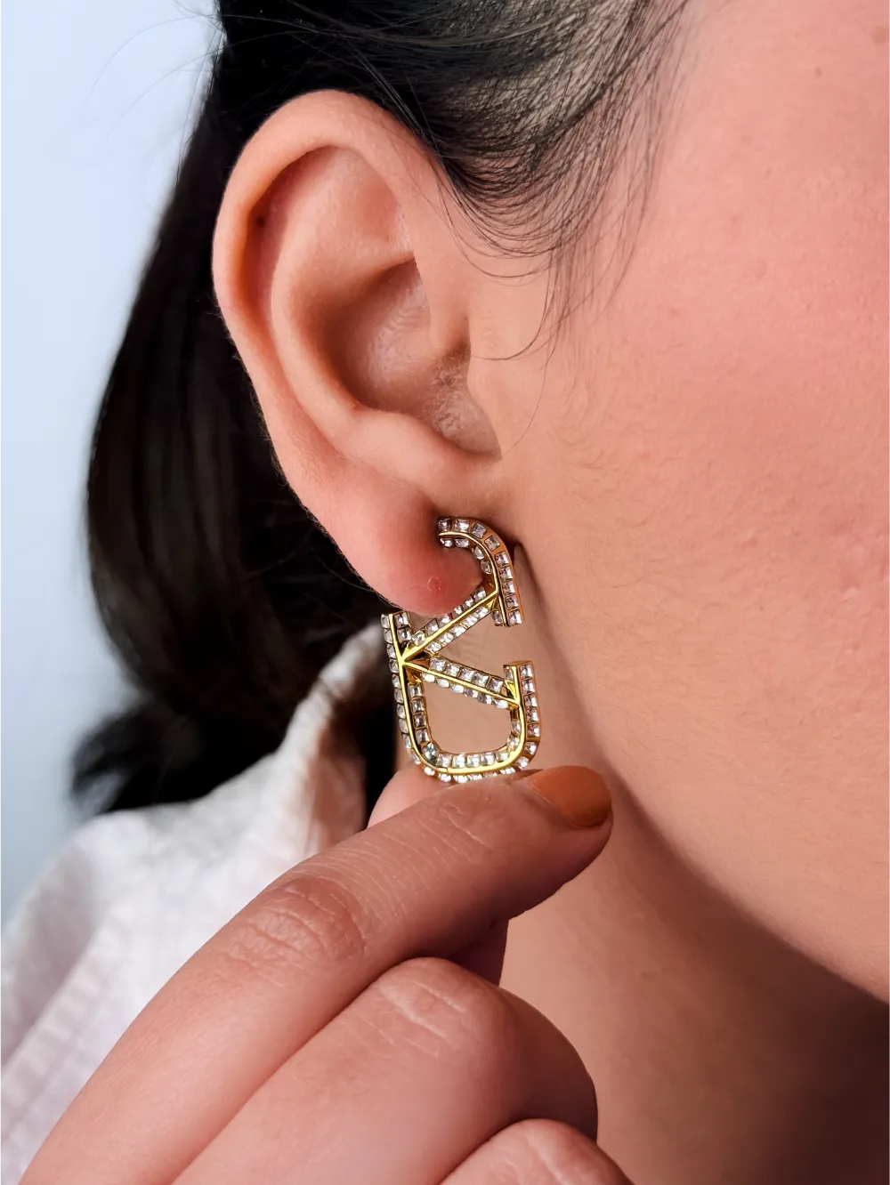 Golden alphabet  V Crystal Hoop Stud Earrings